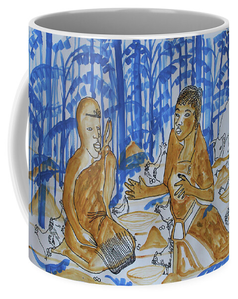 Jesus Coffee Mug featuring the painting Kintu and Nambi Kintus Tasks #21 by Gloria Ssali
