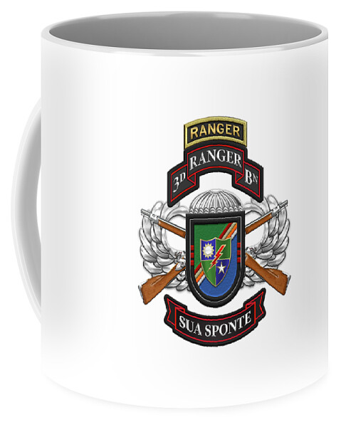  Military Insignia & Heraldry By Serge Averbukh Coffee Mug featuring the digital art 3rd Ranger Battalion- Army Rangers Special Edition over White Leather by Serge Averbukh
