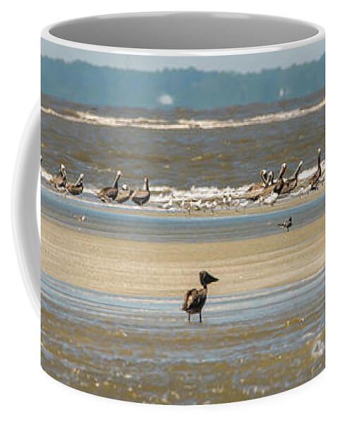 Brown Coffee Mug featuring the photograph Abstract Pelicans In Flight At The Beach Of Atlantic Ocean #5 by Alex Grichenko