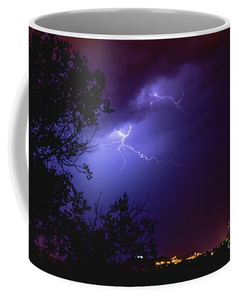 Background Coffee Mug featuring the photograph Rays in a night storm with light and clouds. #5 by Joaquin Corbalan