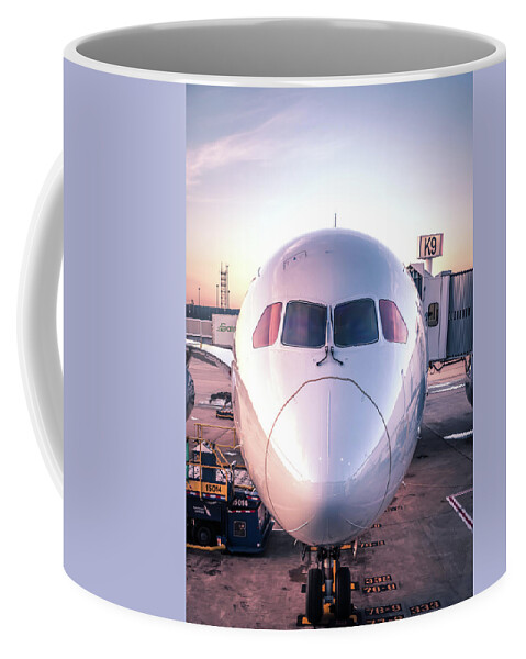 Air Coffee Mug featuring the photograph Airplane near the terminal in an airport at the sunset #8 by Alex Grichenko