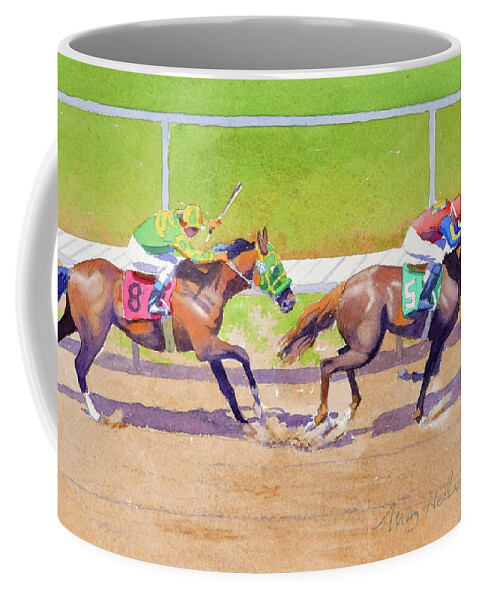 Horses Coffee Mug featuring the painting 8 Chasing 5 at Del Mar by Mary Helmreich