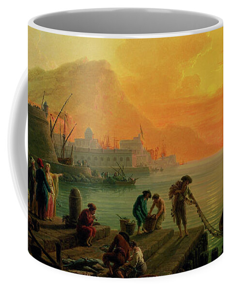 A Calm At A Mediterranean Port Coffee Mug featuring the painting A Calm at a Mediterranean Port by Claude Joseph Vernet by Rolando Burbon