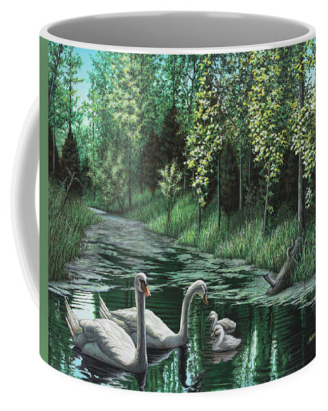 Swan Coffee Mug featuring the painting A Day Out by Anthony J Padgett