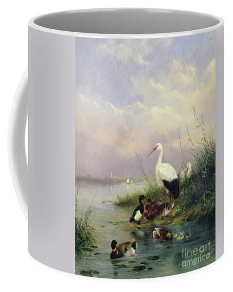 Bank Coffee Mug featuring the photograph A Family Of Mallard, Two Storks And A Family Of Tufted Ducks by Augustus Knip