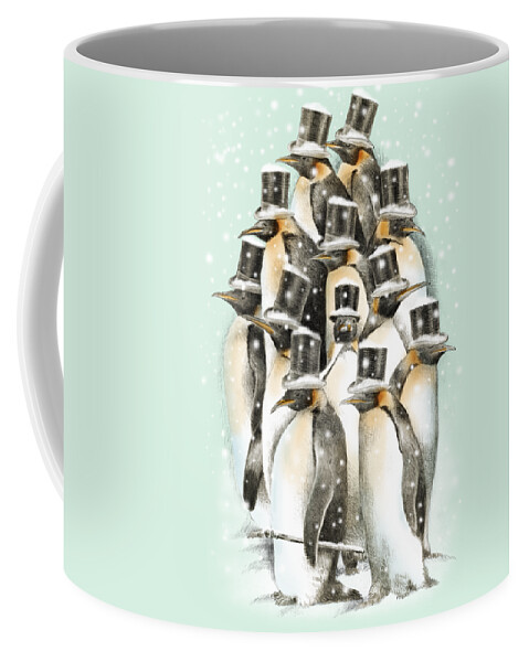 Penguins Coffee Mug featuring the drawing A Gathering in the Snow by Eric Fan