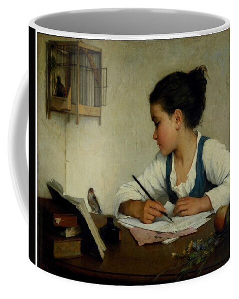 Girl Coffee Mug featuring the painting A Girl Writing. The Pet Goldfinch by Henriette Browne by Celestial Images