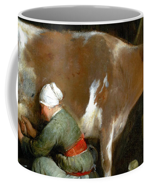 Gerard Ter Borch Coffee Mug featuring the painting A Maid Milking a Cow in a Barn by Audrey Jeanne Roberts