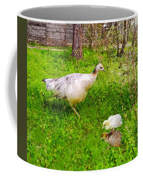 Peahen Coffee Mug featuring the photograph A Peahen And Her Chicks by Sandi OReilly