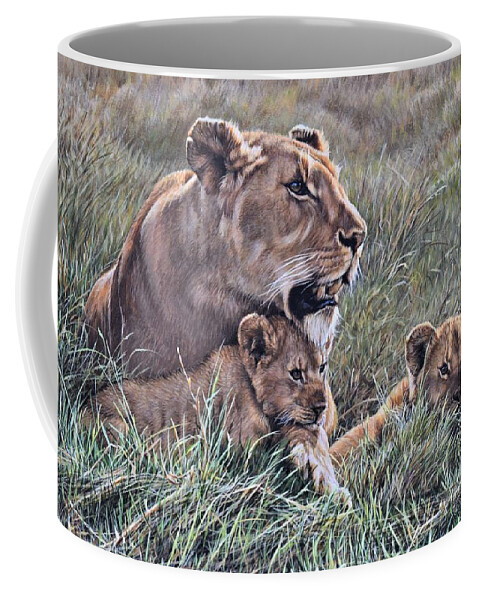 Paintings Coffee Mug featuring the painting A Quiet Moment Lioness and Lion Cubs by Alan M Hunt
