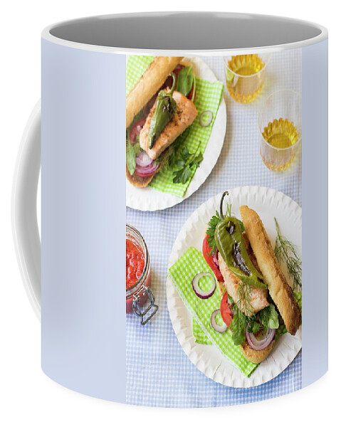 Ip_11978800 Coffee Mug featuring the photograph A Sandwich With Salmon Trout, Tomatoes, Onions, Dill, Rocket, Parsley And Grilled Peppers by Zuzanna Ploch