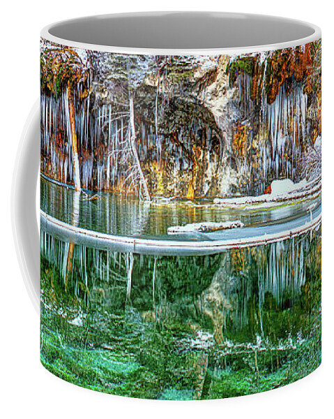  Olena Art Coffee Mug featuring the photograph A Serene Chill - Hanging Lake Colorado Panorama by OLena Art