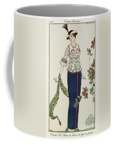 Barbier Coffee Mug featuring the painting A Woman Wearing A Summer Blouse And Skirt She Holds A Green Scarf She Wears A Hat With A Feather by Georges Barbier