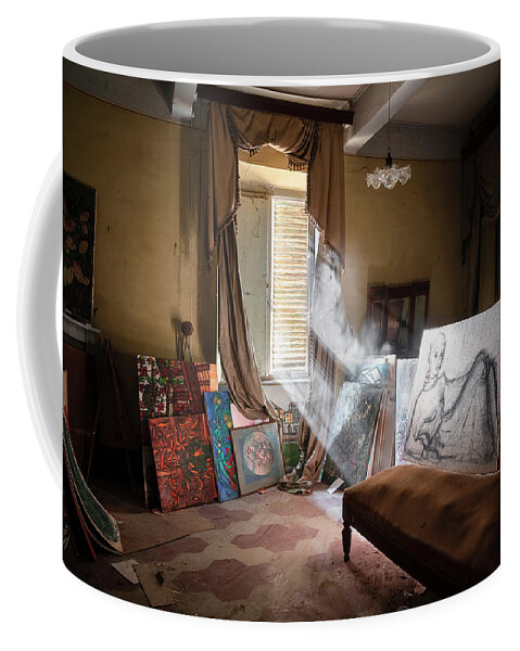 Urban Coffee Mug featuring the photograph Abandoned Paintings in Home by Roman Robroek