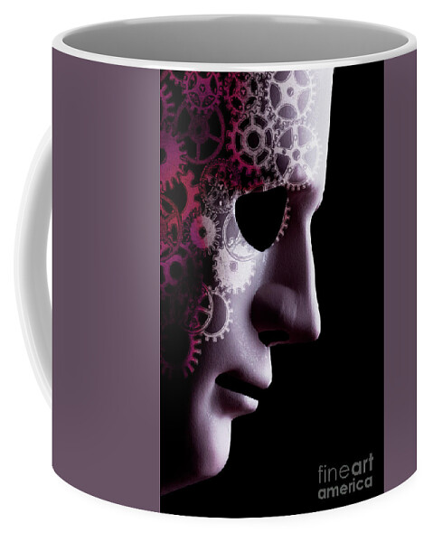Mask Coffee Mug featuring the photograph A.I. robotic face close up with cogs by Simon Bratt