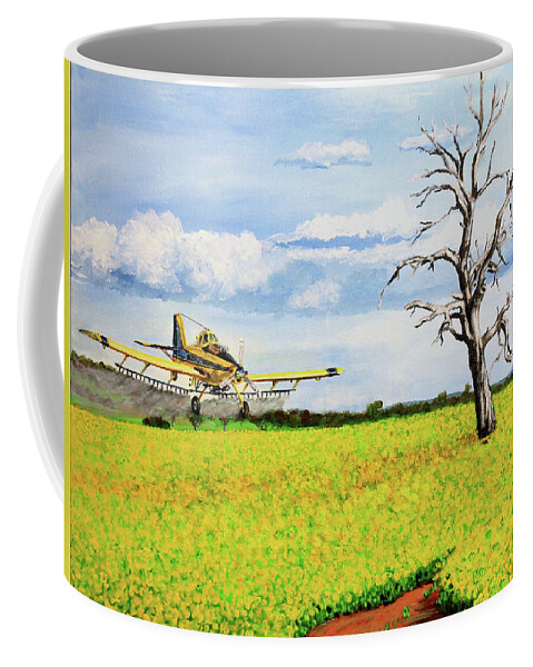 Aircraft Coffee Mug featuring the painting Air Tractor Spraying Canola Fields by Karl Wagner