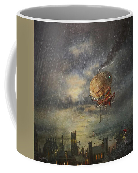 Steampunk Airship Coffee Mug featuring the painting Airship In The Rain by Tom Shropshire