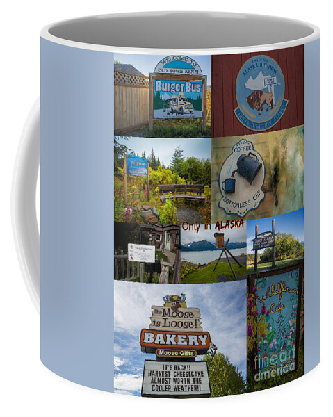 Alaska Coffee Mug featuring the mixed media Alaskan Signs by Eva Lechner