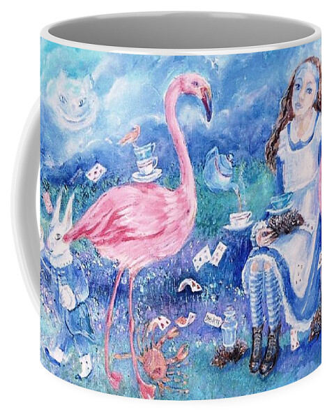 Alice In Wonderland -flamingo Coffee Mug featuring the painting Alice in Wonderland -Flamingo Croquet Anyone ? by Trudi Doyle