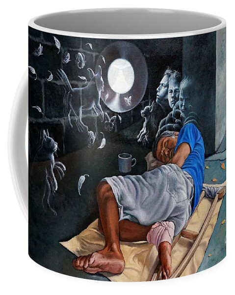 Rainbow Bridge Coffee Mug featuring the painting Unconditional love forever by Christopher Shellhammer