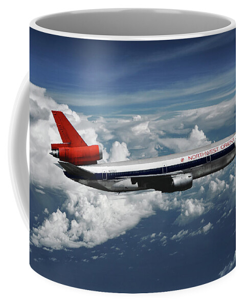 Northwest Orient Airlines Coffee Mug featuring the mixed media Among the Clouds - Northwest Orient DC-10-40 by Erik Simonsen