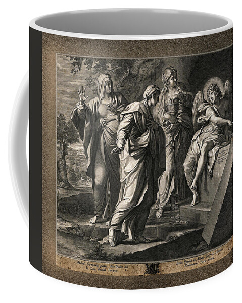 Angel Announcing The Resurrection Coffee Mug featuring the painting Angel announcing the resurrection of Christ to the three Mary's by Rolando Burbon