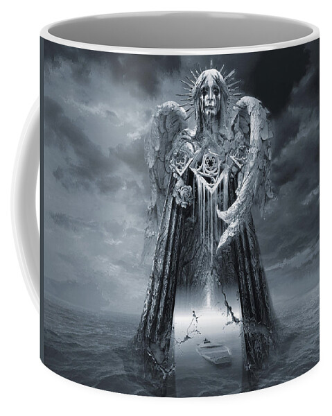 Angel Coffee Mug featuring the digital art Angels and Demons Spirit of Repentance and Hope BW by George Grie