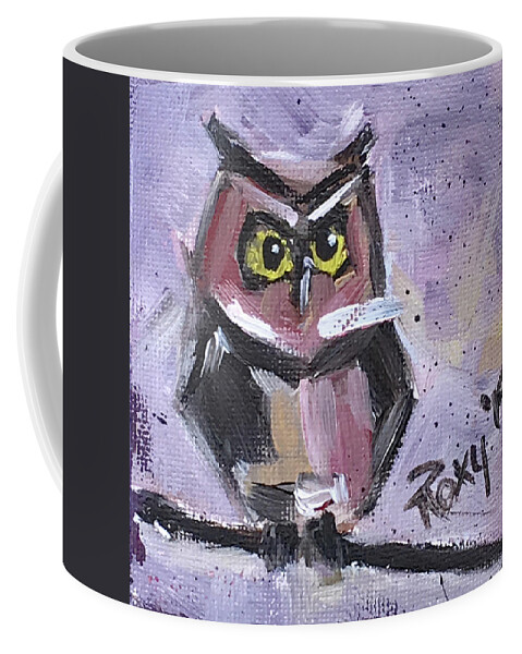Owl Coffee Mug featuring the painting Annoyed Little Owl by Roxy Rich