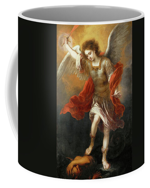 Archangel Michael Coffee Mug featuring the painting Archangel Michael hurls the devil into the abyss. Around 1665 / 68 Canvas, 169,5 x 110,3 cm. by Bartolome Esteban Murillo -1611-1682-