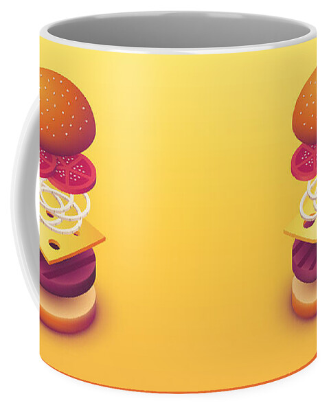 Burger Coffee Mug featuring the digital art Burger Isometric Deconstructed - Yellow by Organic Synthesis