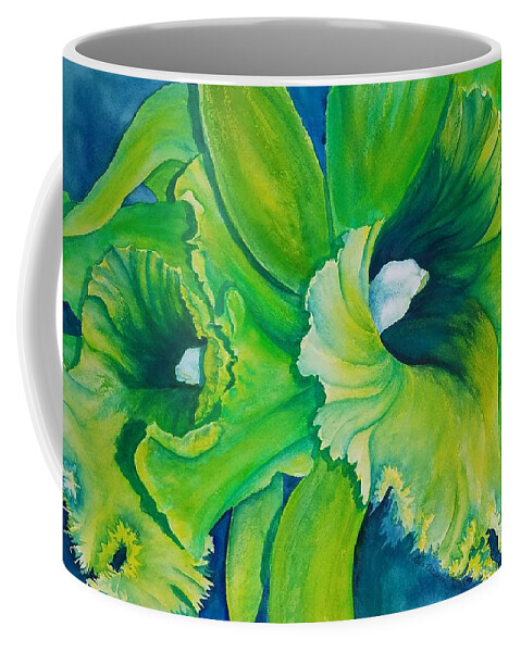Neon Green Orchid Coffee Mug featuring the painting Neon Fluffy Cattleya Orchids by Lisa Debaets