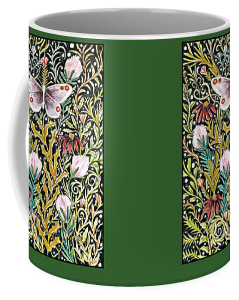 Lise Winne Coffee Mug featuring the mixed media Butterfly Tapestry design in mustard, red and green by Lise Winne