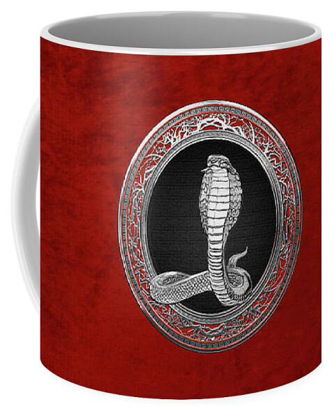 'beasts Creatures And Critters' Collection By Serge Averbukh Coffee Mug featuring the digital art Sacred Silver King Cobra on Red Canvas by Serge Averbukh