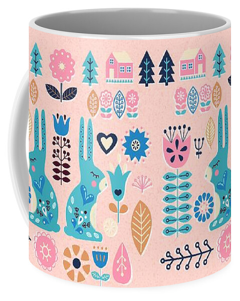 Bunny Coffee Mug featuring the painting Soft And Sweet Scandinavian Bunny Rabbit Folk Art by Little Bunny Sunshine