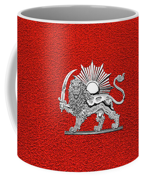 ‘treasures Of Persia’ Collection By Serge Averbukh Coffee Mug featuring the digital art Silver Persian Lion and Sun over Red Leather by Serge Averbukh