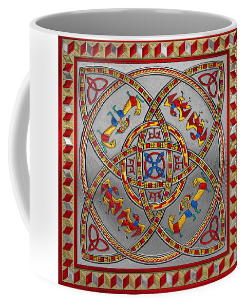 ‘celtic Treasures’ Collection By Serge Averbukh Coffee Mug featuring the digital art Sacred Celtic Dara Knot Cross with Triquetras Lions and Eagles by Serge Averbukh