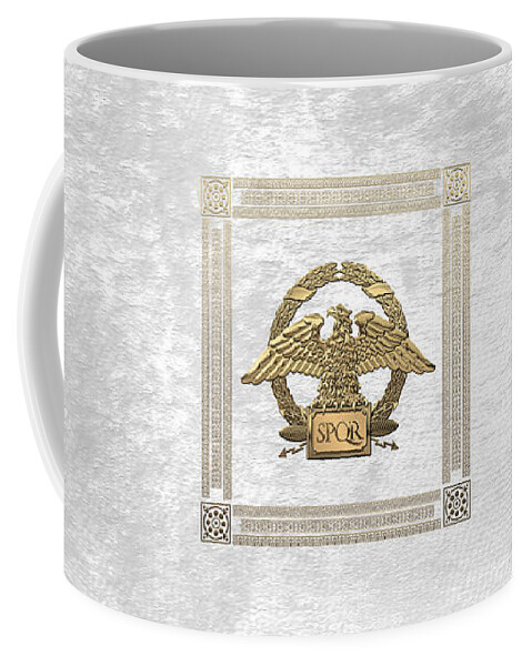‘treasures Of Rome’ Collection By Serge Averbukh Coffee Mug featuring the digital art Roman Empire - Gold Roman Imperial Eagle over White Velvet by Serge Averbukh