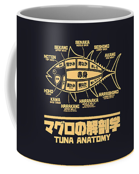 Tuna Coffee Mug featuring the digital art Tuna Anatomy Japanese Maguro Sushi Black Gold by Organic Synthesis