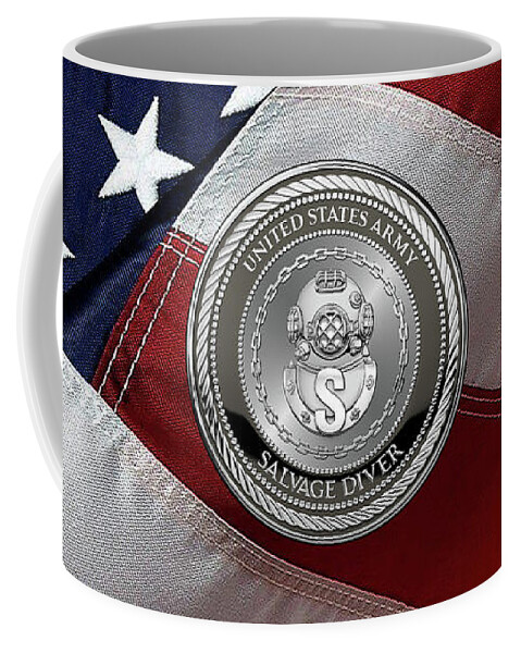 Military Insignia & Heraldry Collection By Serge Averbukh Coffee Mug featuring the digital art U. S. Army Engineer Divers - Salvage Diver Badge Special Edition over American Flag by Serge Averbukh