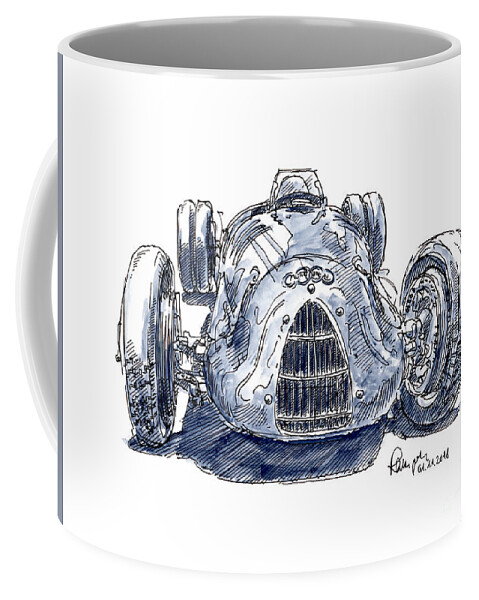 Auto Union Coffee Mug featuring the drawing Auto Union Typ C/D Classic Racecar Ink Drawing and Watercolor by Frank Ramspott