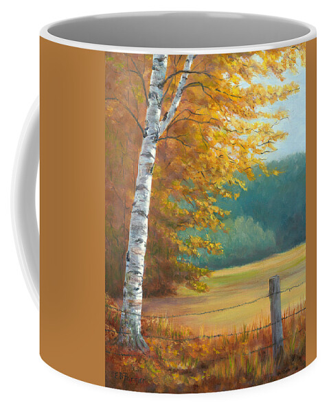 Autumn Coffee Mug featuring the painting Autumn Birch Field by Elaine Farmer