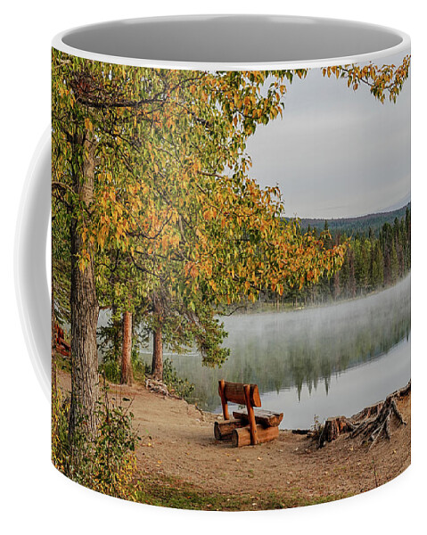 Jasper Coffee Mug featuring the photograph Autumn Morning on Cavell Lake Jasper National Park Fall Leaves by Toby McGuire
