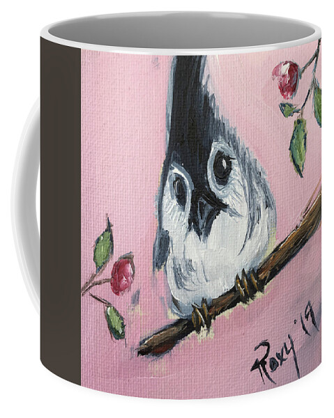 Titmouse Coffee Mug featuring the painting Baby Tufted Tit Mouse by Roxy Rich