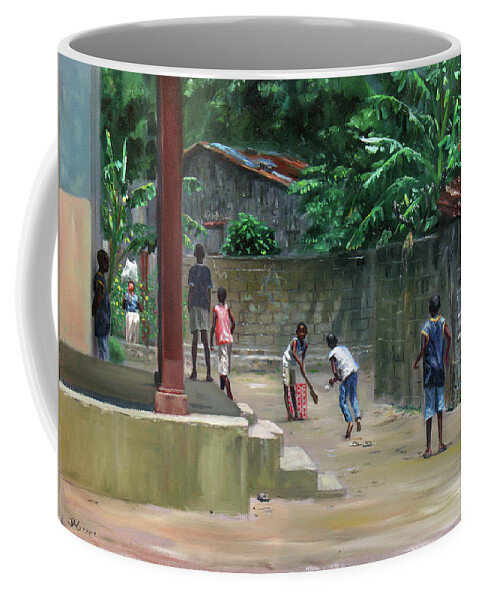Caribbean Art Coffee Mug featuring the painting Backyard Cricket by Jonathan Gladding