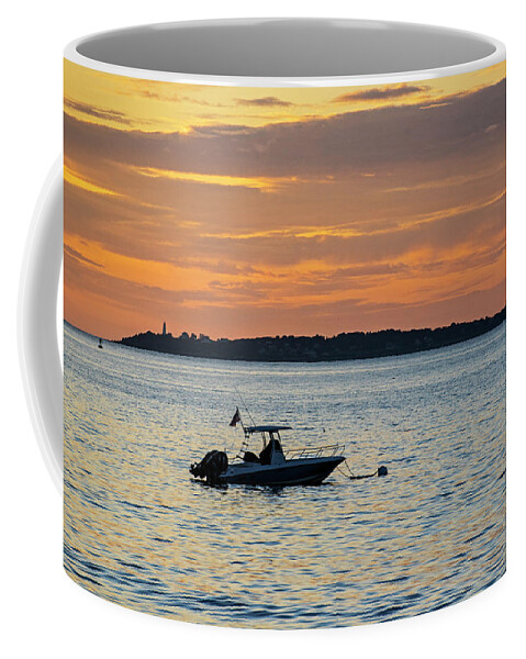 Beverly Coffee Mug featuring the photograph Baker Island Lighthouse From Rice Beach Beverly MA at Sunrise Boat by Toby McGuire