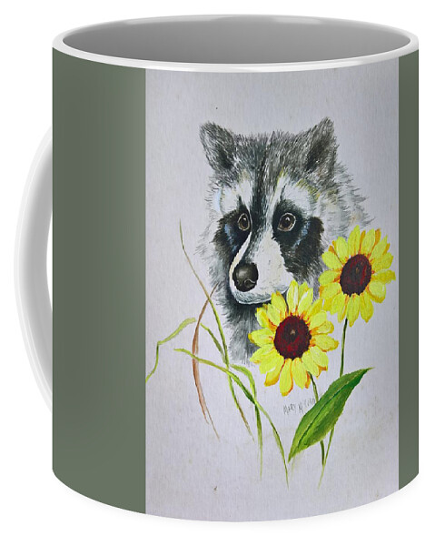 Raccoons Coffee Mug featuring the painting Bandit and the Sunflowers by ML McCormick