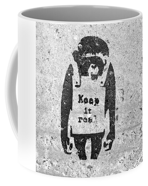 Banksy Coffee Mug featuring the photograph Banksy Chimp Keep It Real by Gigi Ebert