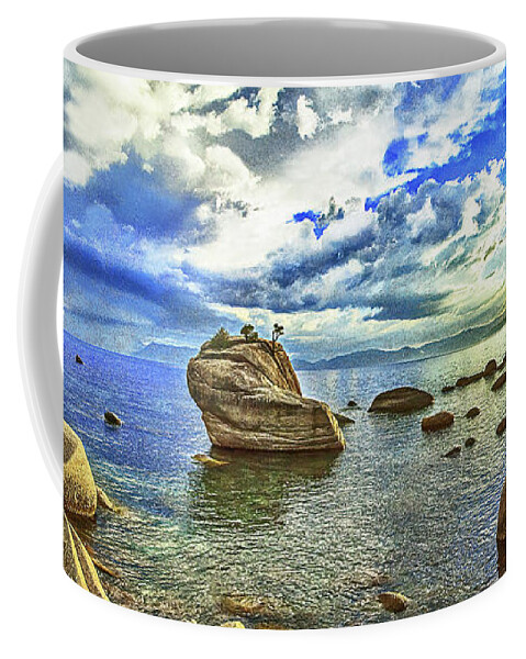 Lake Coffee Mug featuring the photograph BONSAI ROCK, LAKE TAHOE, Nevada, PANORAMA by Don Schimmel