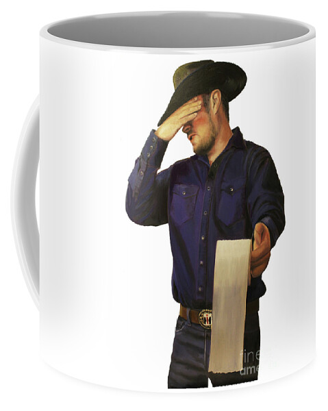 Humorous Cowboy Coffee Mug featuring the painting Bathroom Cowboy by Terri Meyer