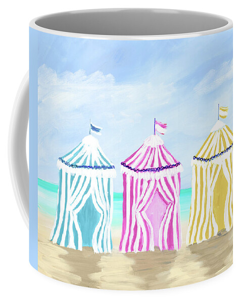 Beach Coffee Mug featuring the painting Beach Cabanas by Julie Derice